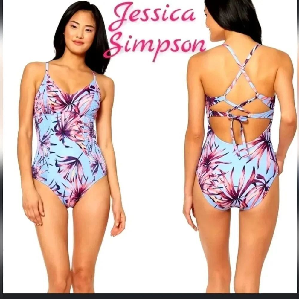 BRAND NEW JESSICA SIMPSON ONE-PIECE TROPICAL V-NECK SWIMWEAR Cross-back SWIMSUIT